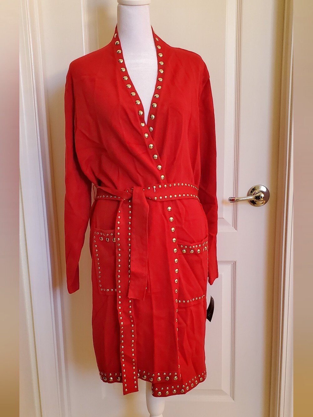 NWT INC International Concepts Red Stud-Trim Tie Cardigan- Size L